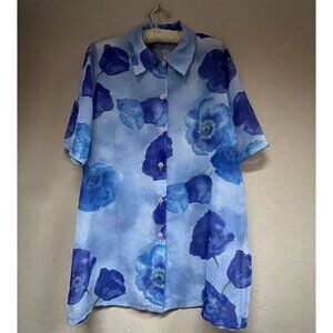 Cabaret Womens Button Up Floral Print Tunic Top Large Blue Short Sleeve Italy